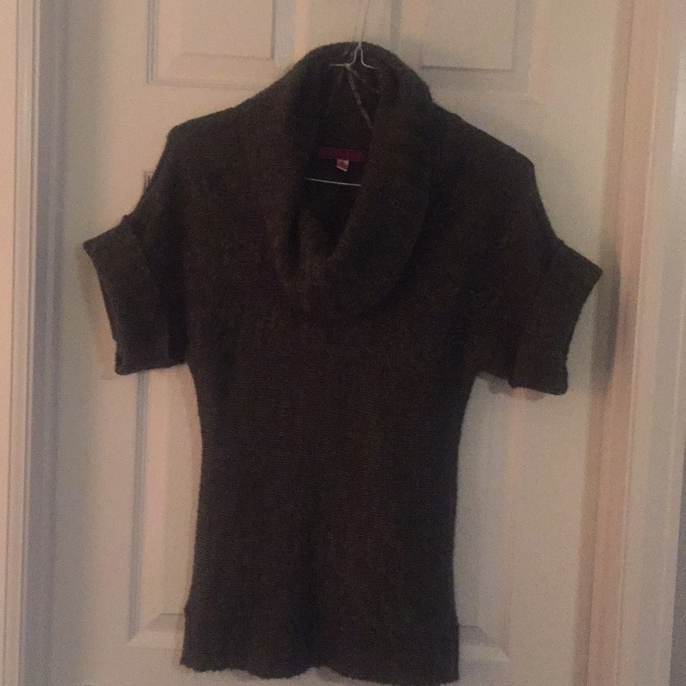 Army green, cowl neck, short sleeve sweater.